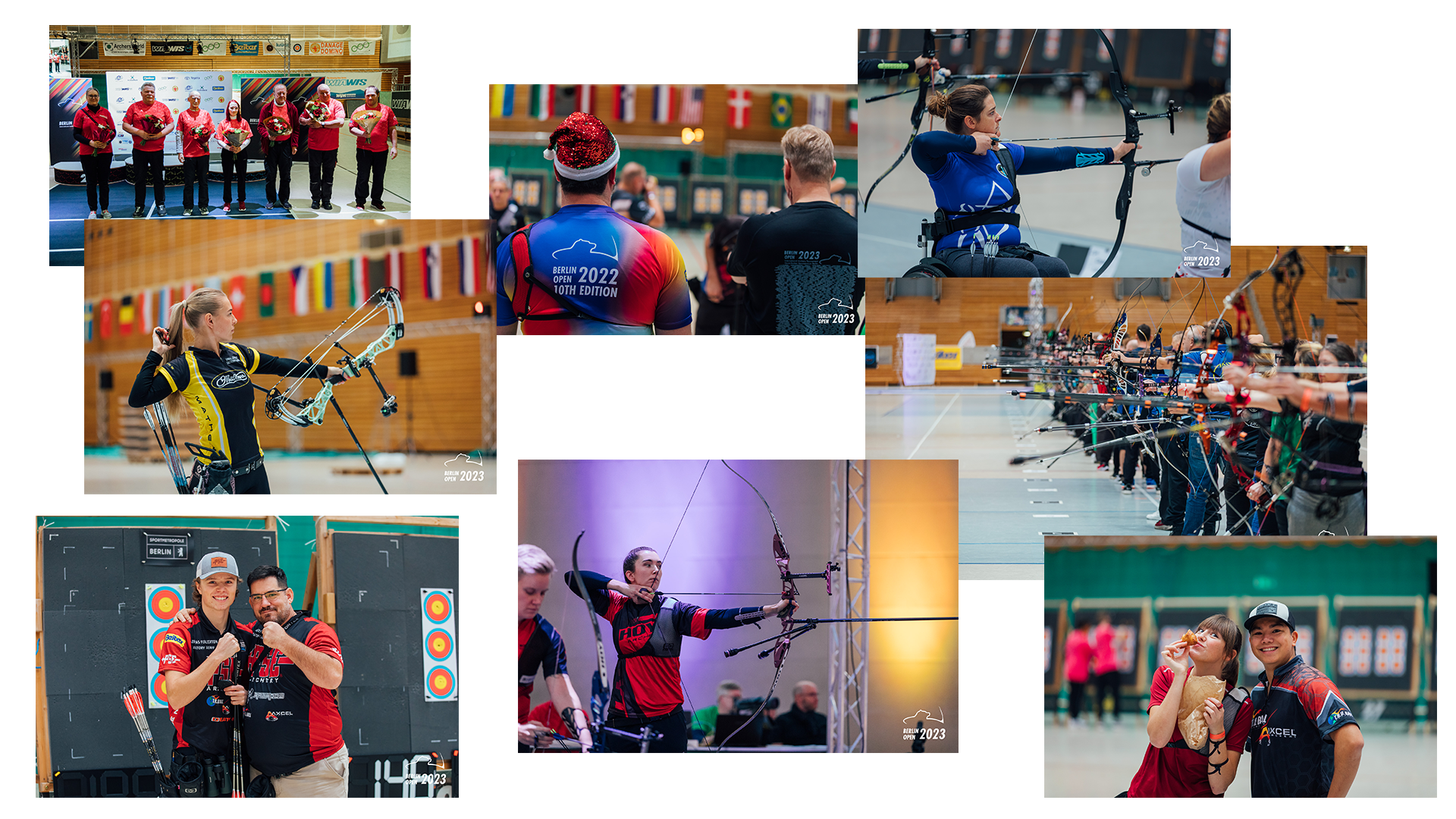 Eine Collage aus Fotos zeigt Momente der Berlin Open 2023. Zu sehen sind unterschiedliche Szenen mit Menschen im Mittelpunkt. Die Kampfrichter erhalten eine Ehrung während der Siegerehrung, Teilnehmer zeigen die offiziellen Shooter Jerseys und verschiedene Schützen stehen an der Schießlinie.